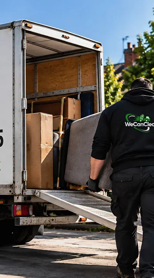 A worker loading furniture into the back of the van