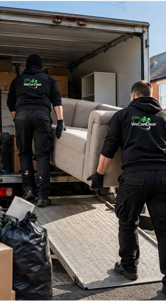 Two staff carrying a sofa up the ramp into the van