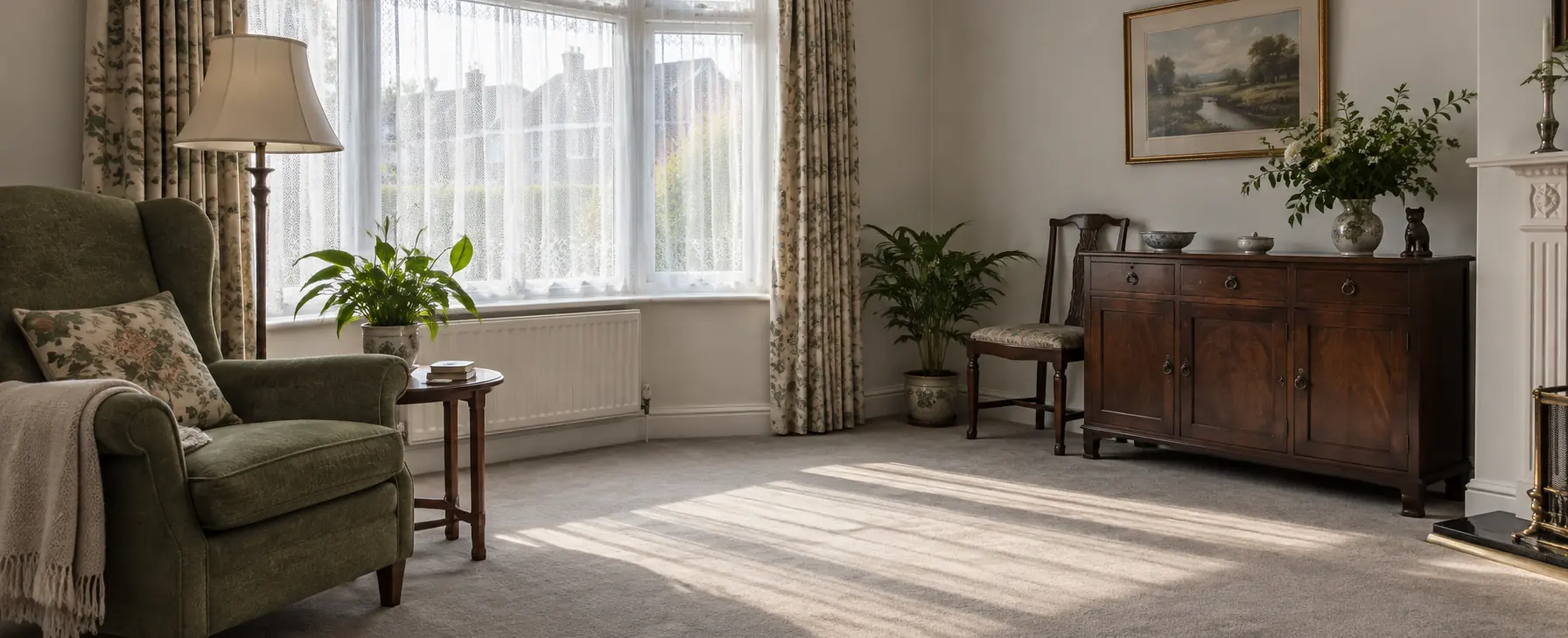 A front room with its curtains, armchair and sideboard still in place