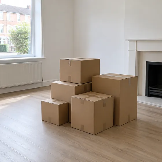 A cleared room with a stack of cardboard boxes beside the fireplace