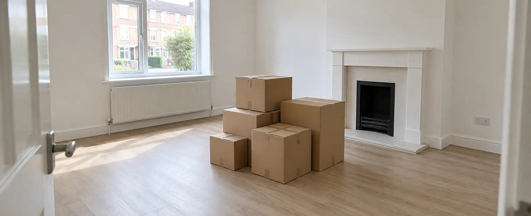 A cleared room with a stack of cardboard boxes beside the fireplace